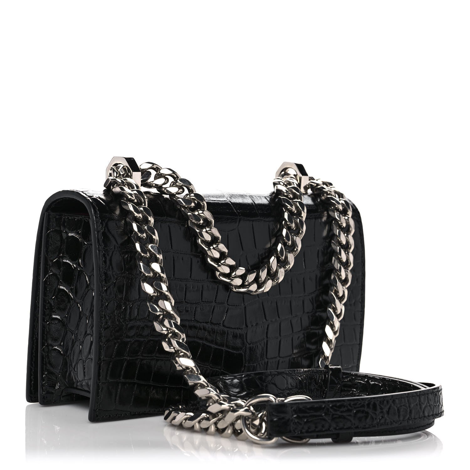 Alexander McQueen Shiny Crocodile Embossed Jeweled Satchel Black 2 of 9