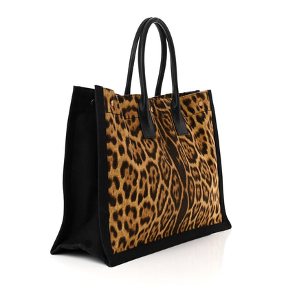 Saint Laurent Canvas Calfskin Leopard Print Rive Gauche Noe Tote Natural Black 3 of 10