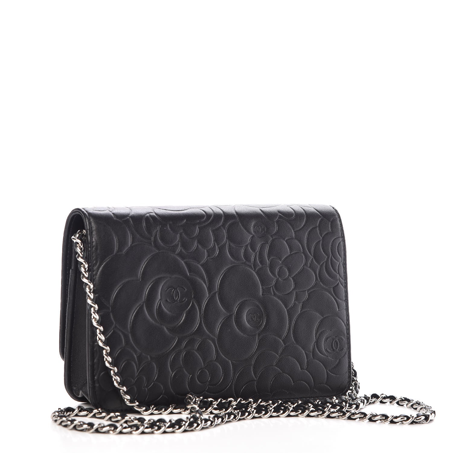 Chanel Lambskin Camellia Embossed Wallet On Chain WOC Black 3 of 11