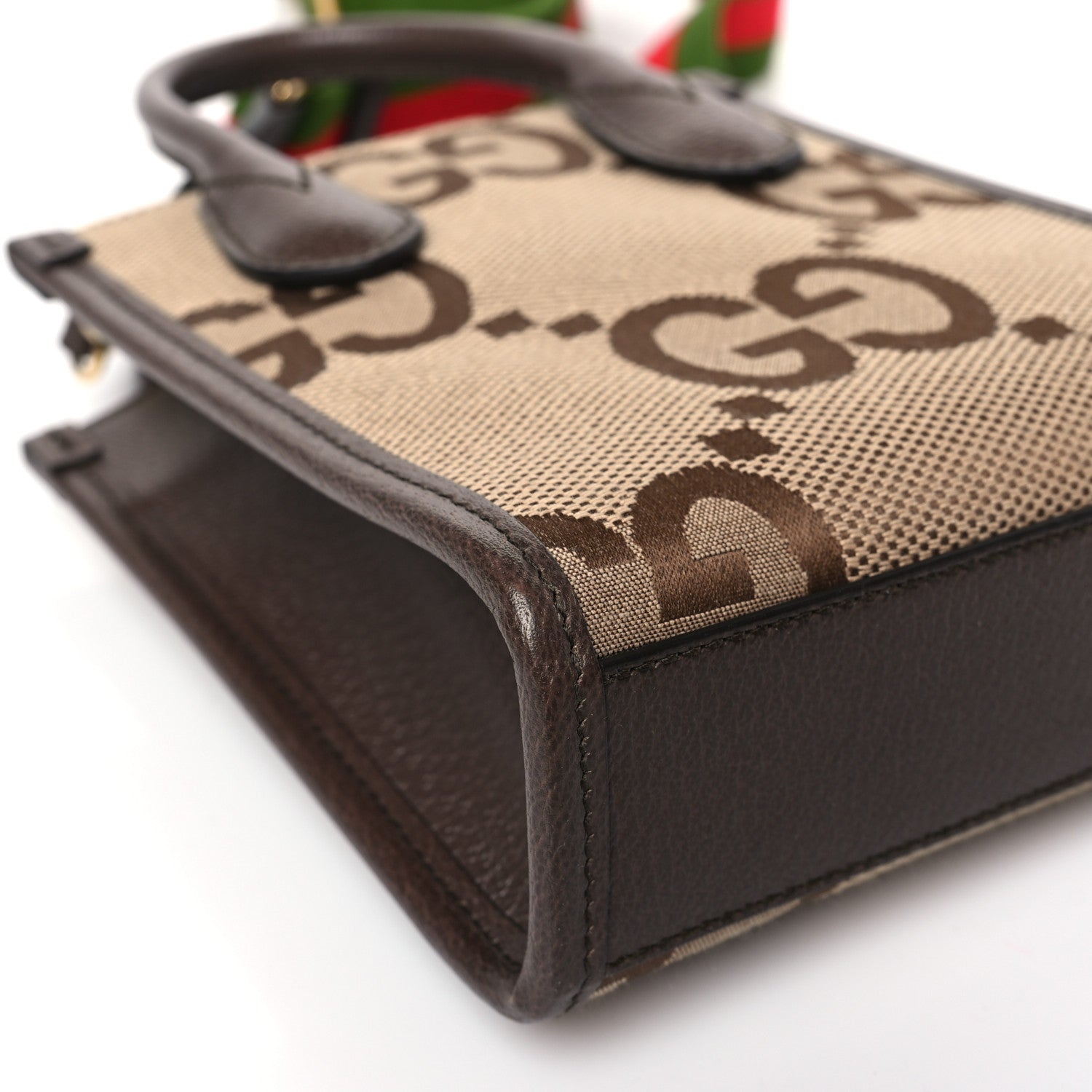 Gucci Monogram Jumbo GG Textured Dollar Calfskin Web Mini Vertical Tote Camel Ebony New Acero 7 of 8