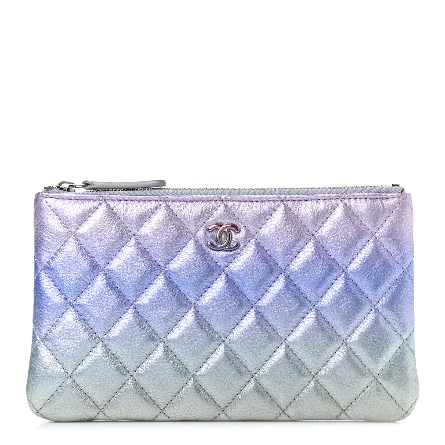 Gradient Metallic Calfskin Quilted Cosmetic Case Purple Blue Green