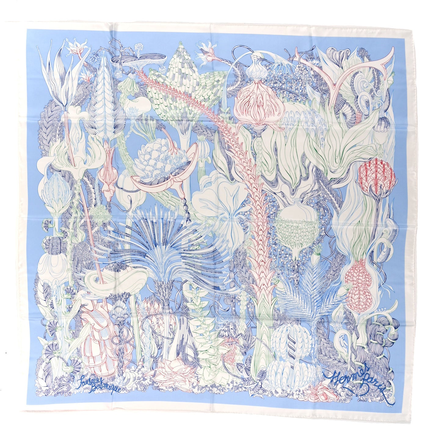 Silk Fantaisie Botanique Pocket Square Bleu Ciel White Rouge