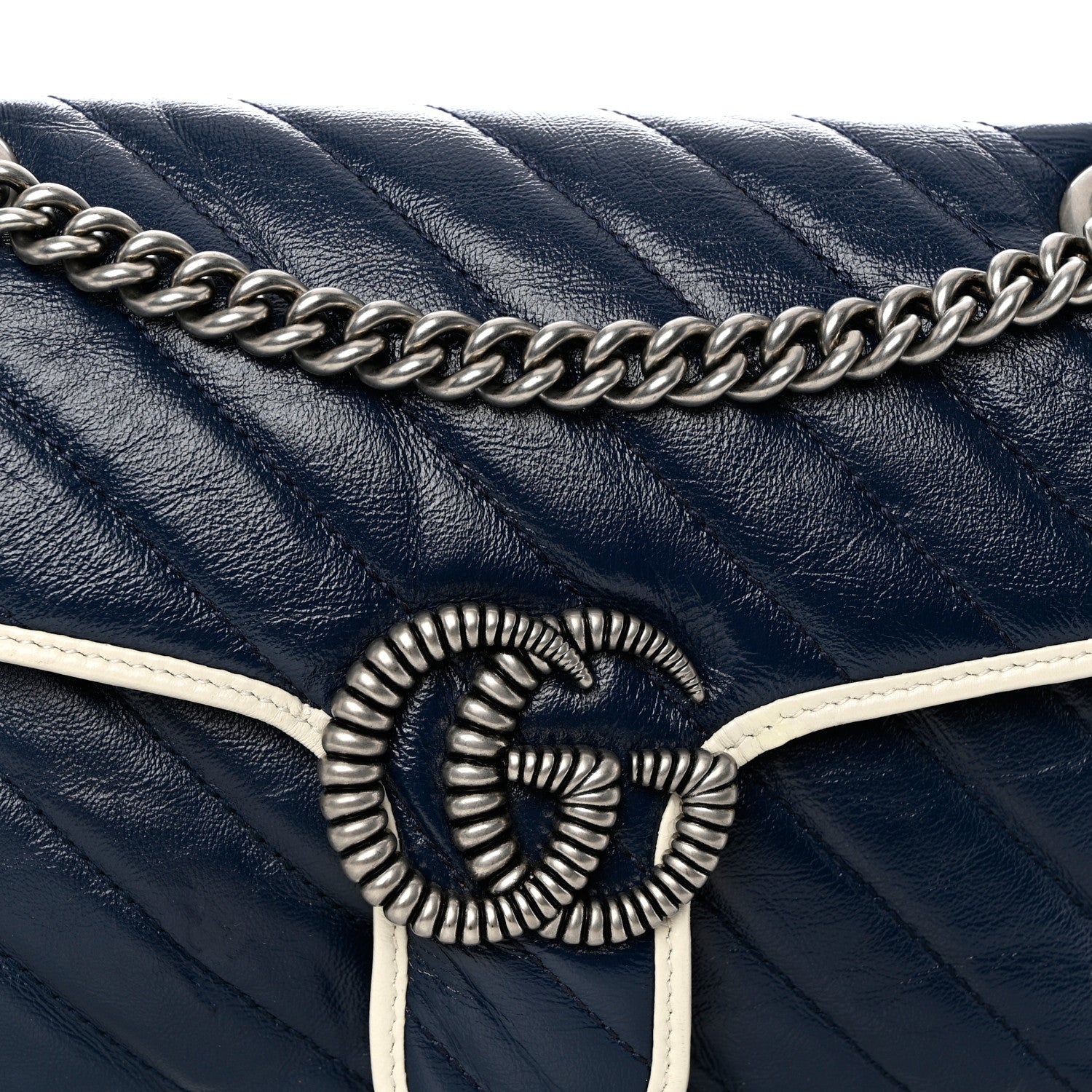 Gucci Vintage Effect Calfskin Matelasse Diagonal Small Torchon GG Marmont Shoulder Bag Blue Agata Mystic White 8 of 10