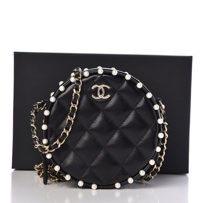 Chanel Calfskin Quilted Pearl Round Clutch With Chain Black 11 of 11