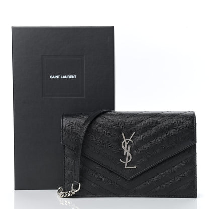 Saint Laurent Grain De Poudre Matelasse Chevron Monogram Envelope Chain Wallet Black 10 of 10