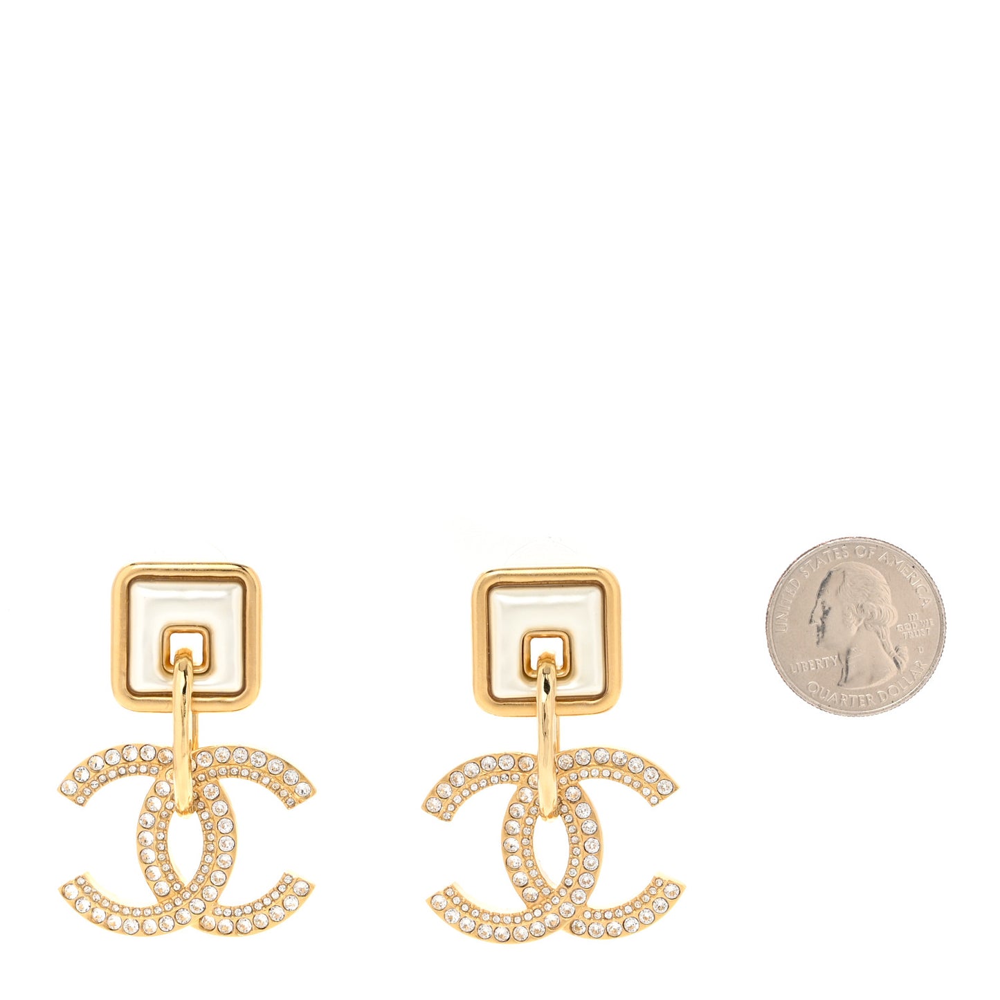 Crystal Pearl CC Square Drop Earrings Gold Pearly White