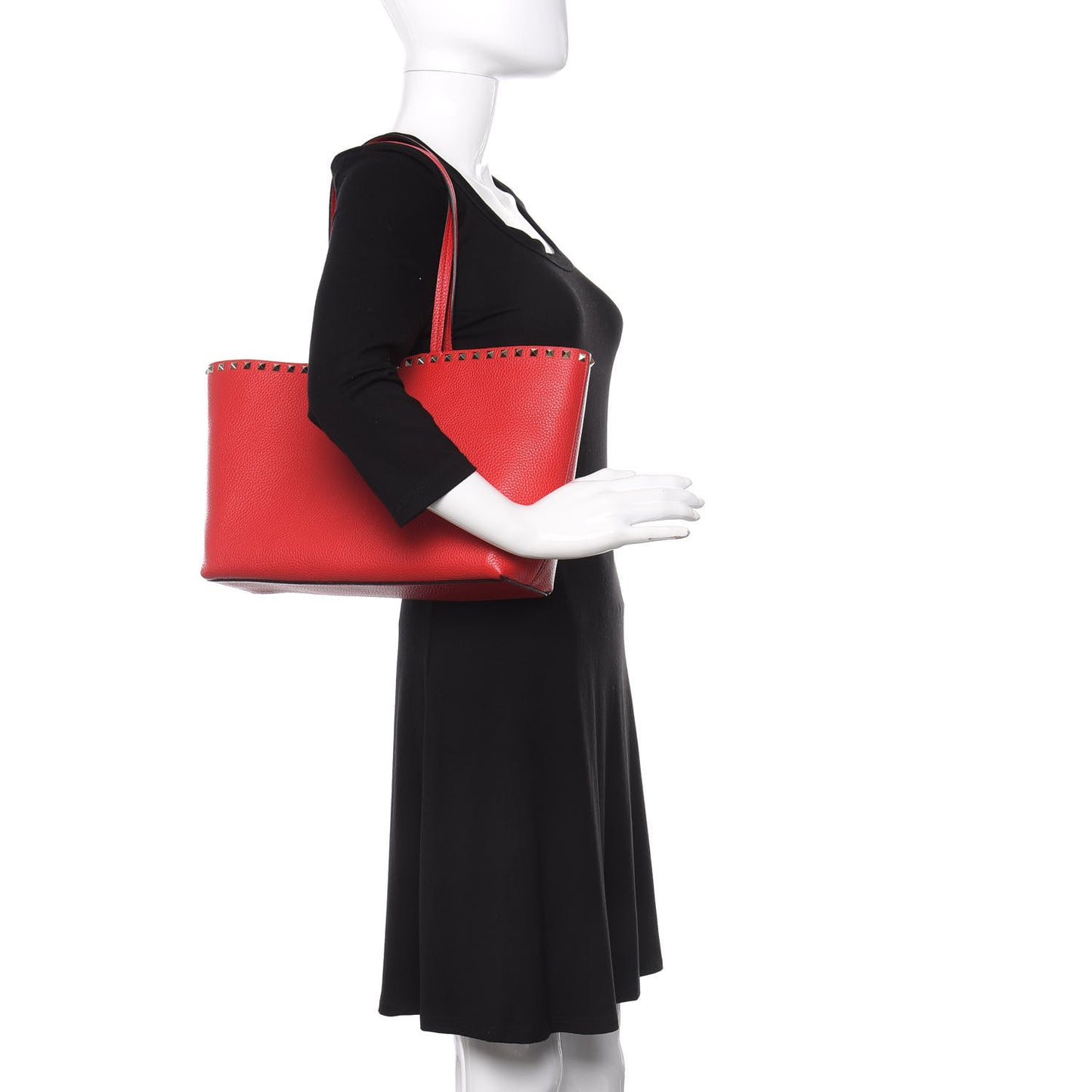 Grained Calfskin Small Rockstud Shoulder Tote Rouge Pur