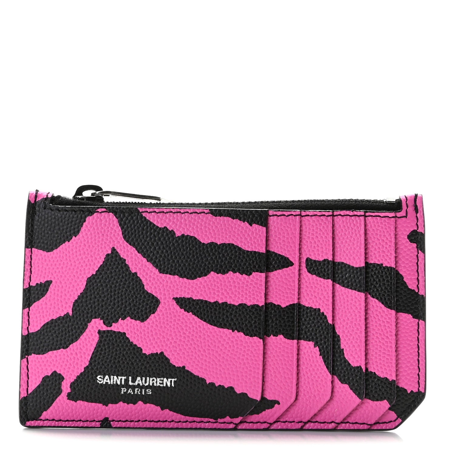Saint Laurent Grain de Poudre Zebra Print 5 Fragments Zip Pouch Card Holder Fuchsia Black 1 of 8