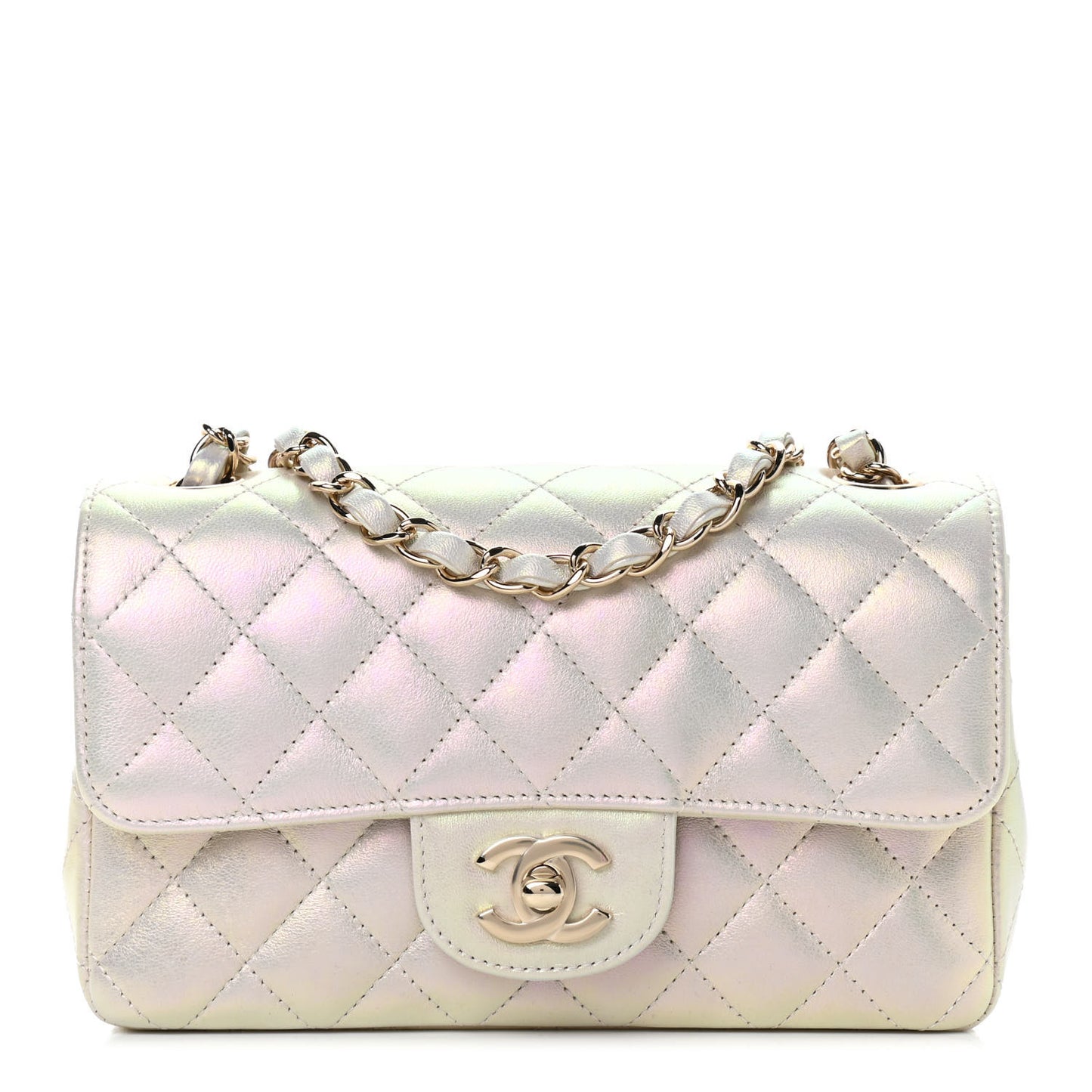 Iridescent Lambskin Quilted Mini Rectangular Flap Ivory