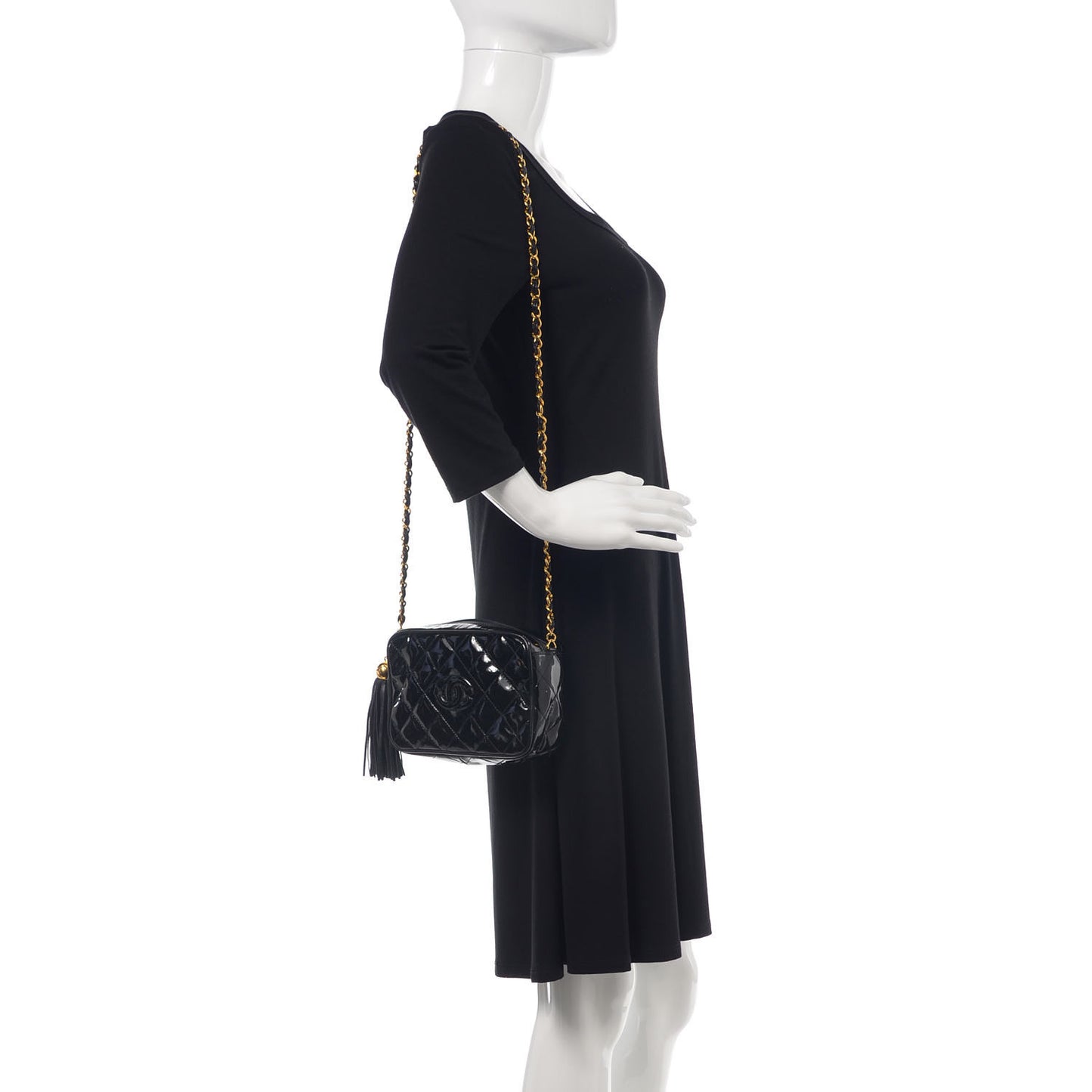 Patent Tassel Quilted Shoulder Bag Black
