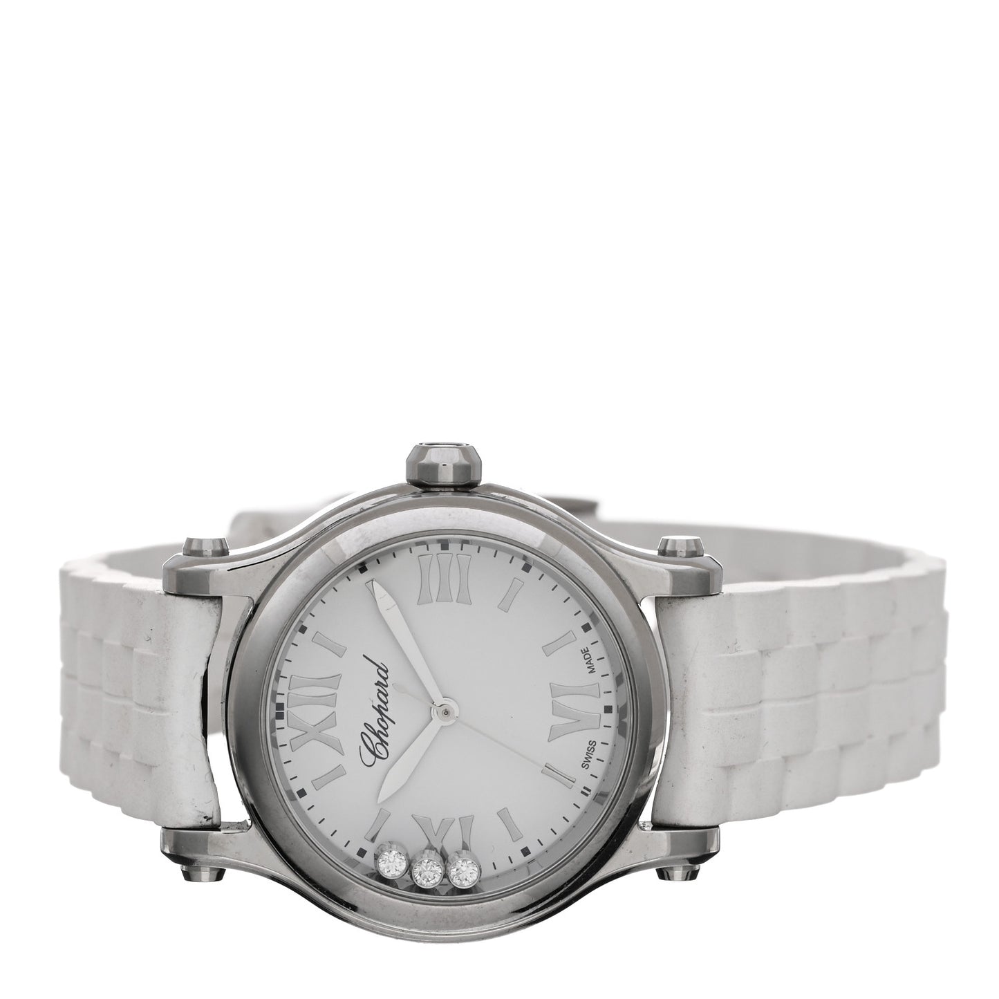 Stainless Steel Rubber 3 Diamond 30mm Happy Sport Quartz Watch White