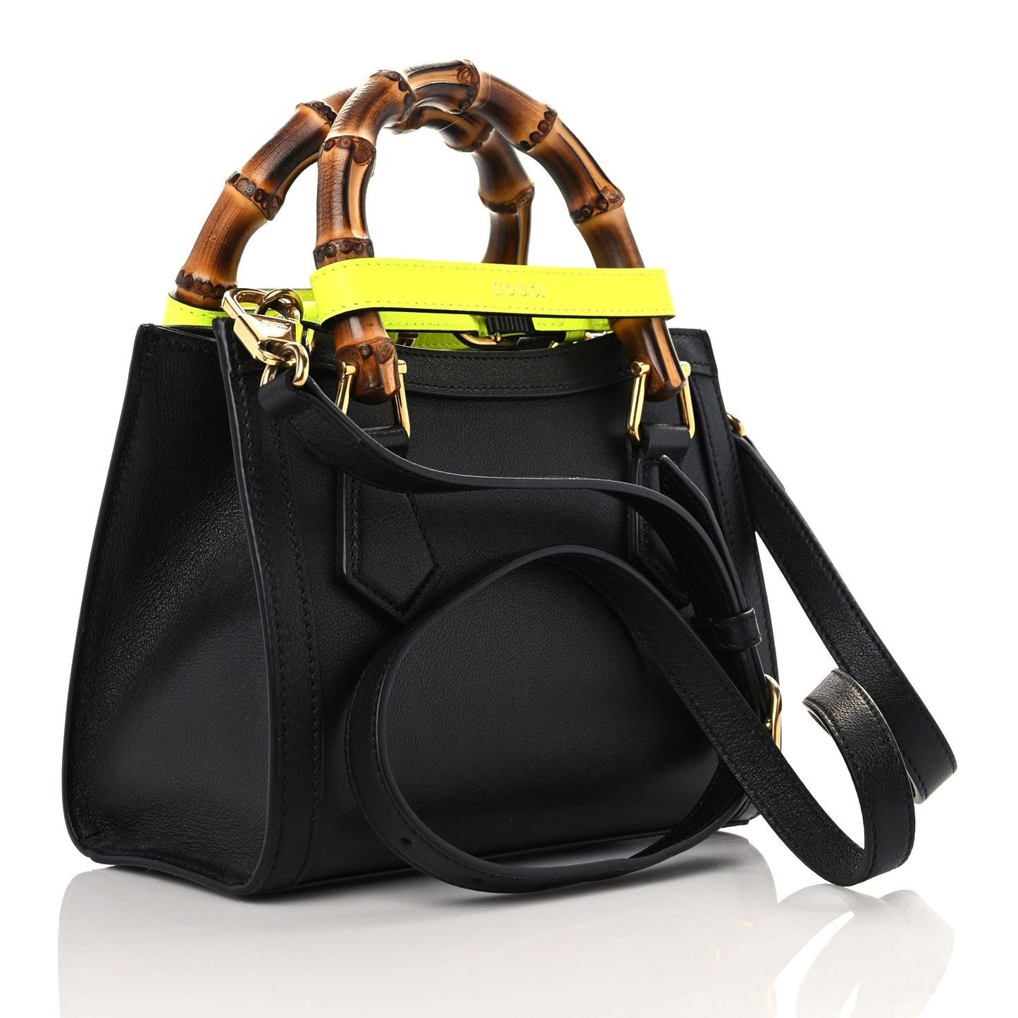 Wonka Grain Calfskin Mini Diana Tote Bag Black Yellow Fluo