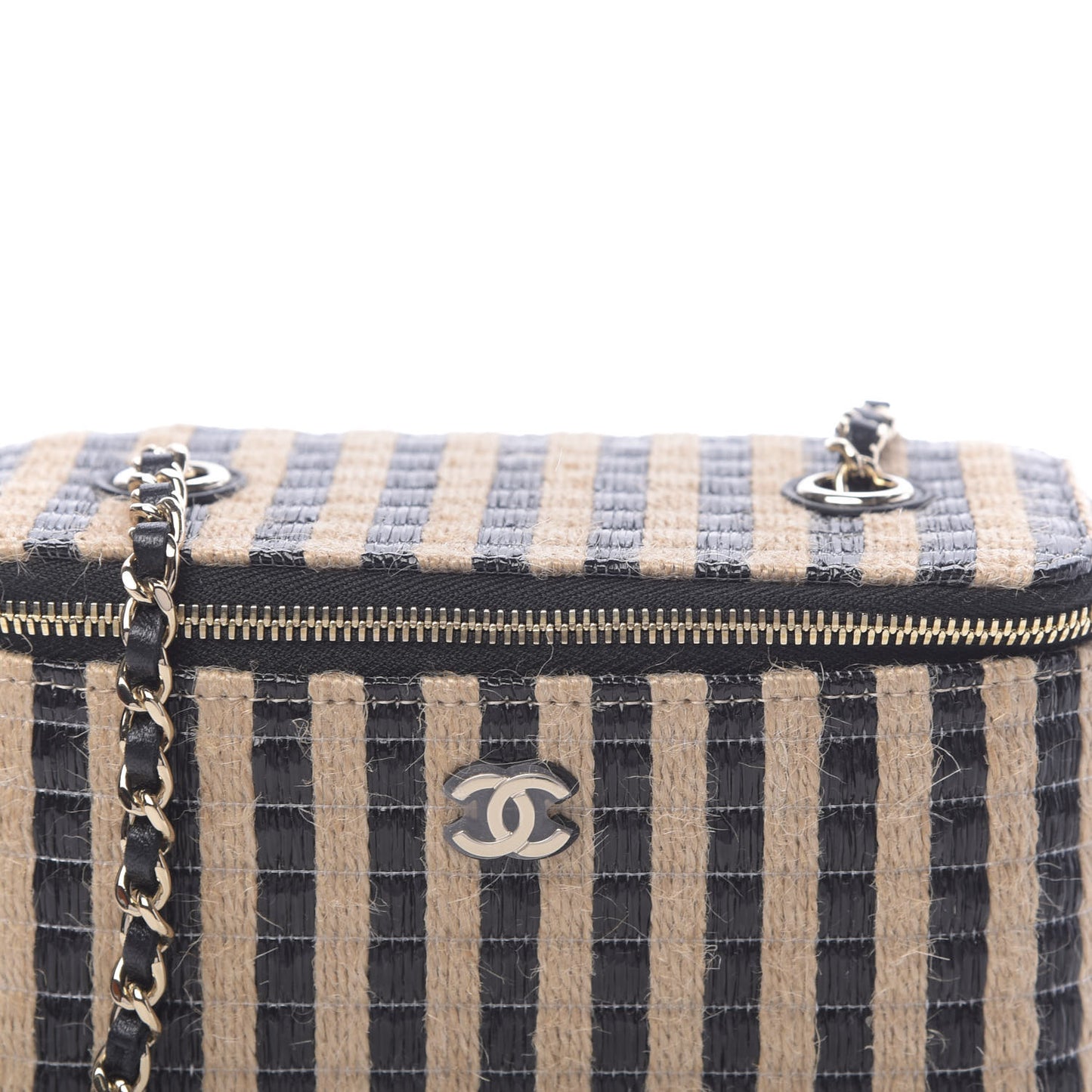 Raffia Jute Striped Small Vanity Case With Chain Black Beige
