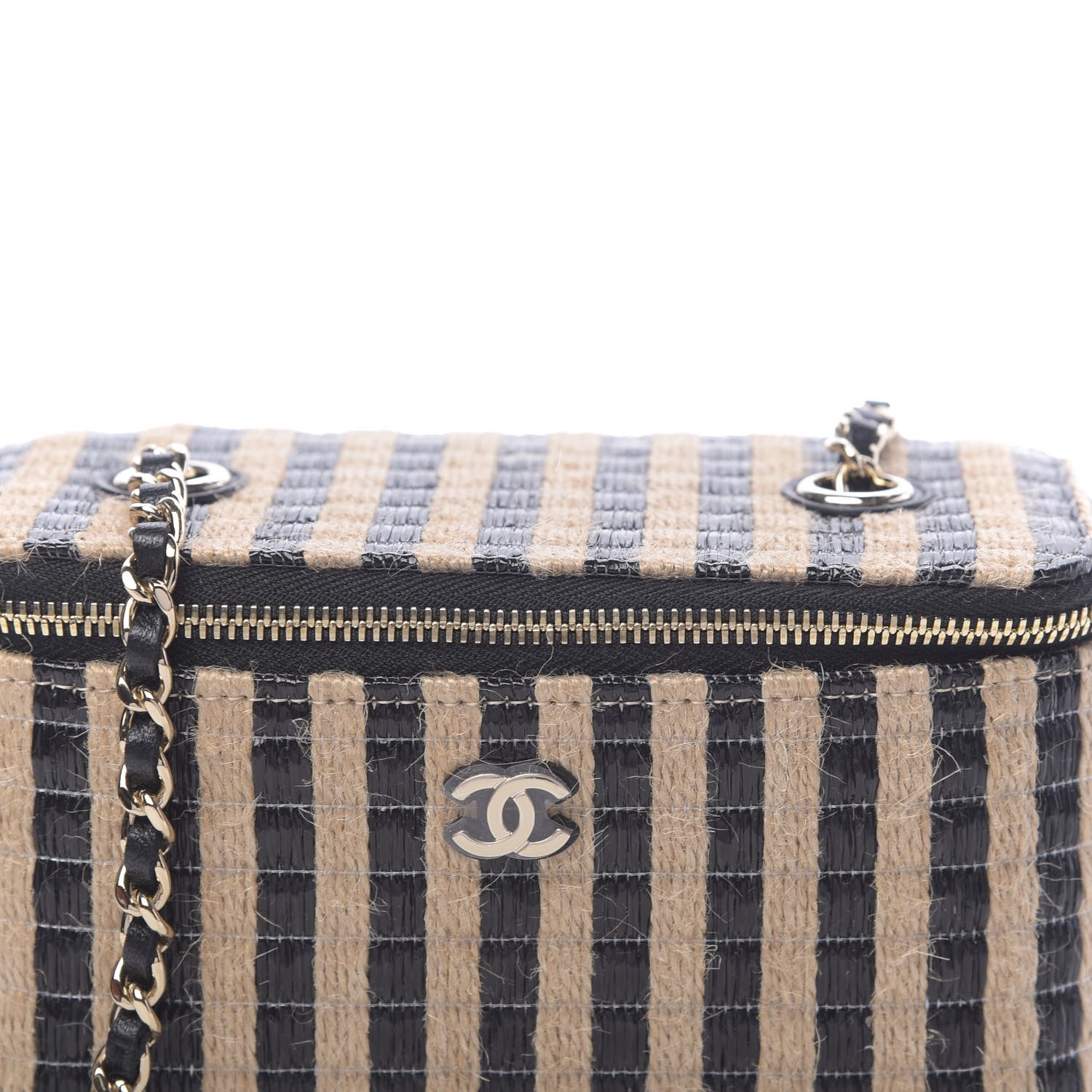 Chanel Raffia Jute Striped Small Vanity Case With Chain Black Beige 9 of 10
