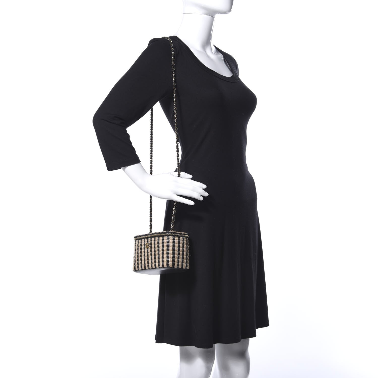 Chanel Raffia Jute Striped Small Vanity Case With Chain Black Beige 2 of 10