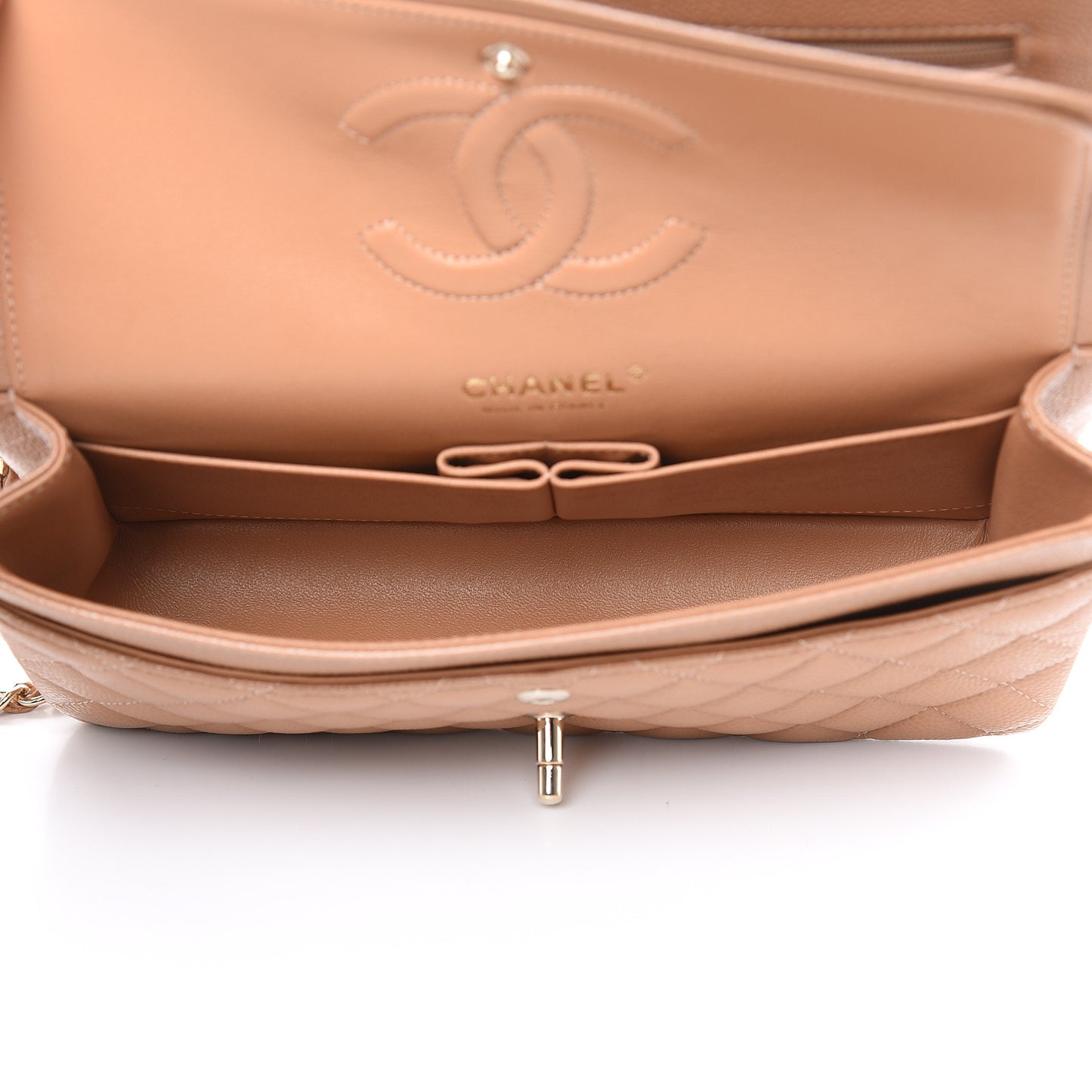 Caviar Quilted Medium Double Flap Beige
