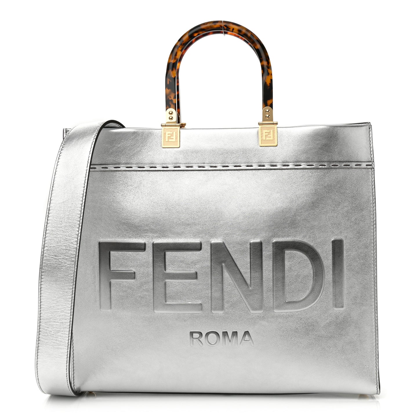 Vitello Catalan Mirror Plexiglass Logo Embossed Medium Fendi Sunshine Shopper Tote Argento