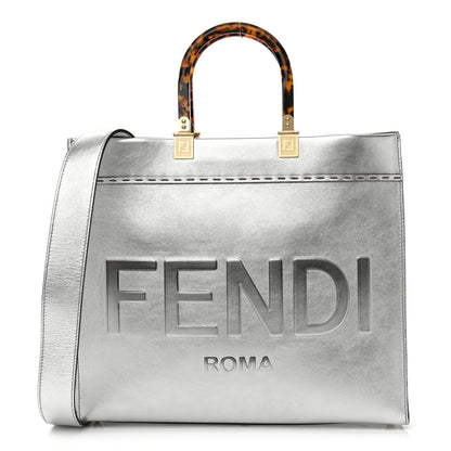 Fendi Vitello Catalan Mirror Plexiglass Logo Embossed Medium Fendi Sunshine Shopper Tote Argento 1 of 10