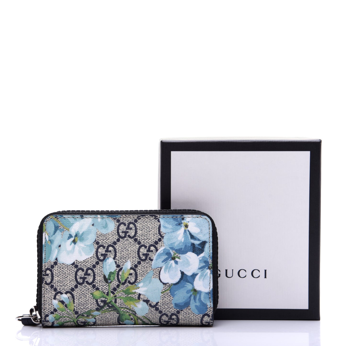 GG Supreme Monogram Blooms Zip Around Card Case Wallet Beige Blue Navy
