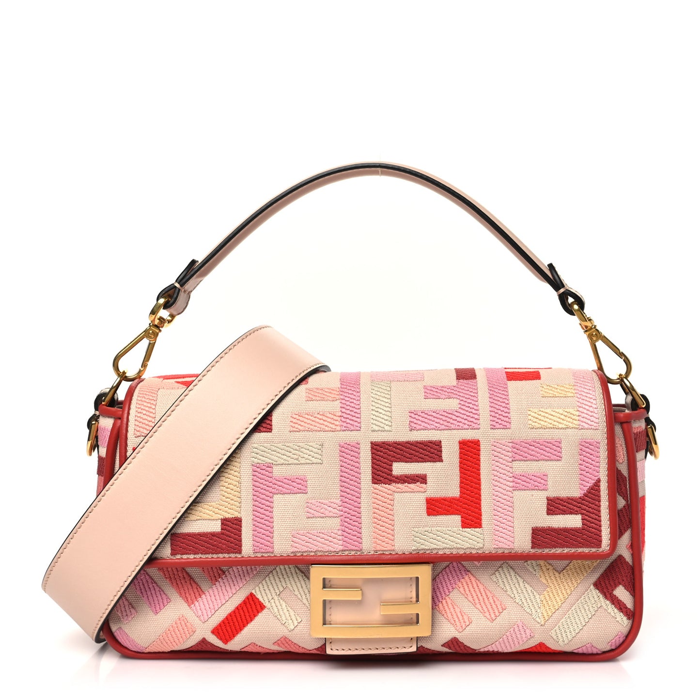Canvas Vitello King FF Embroidered Baguette Rosa Quarzo Bloody Mary Multicolor