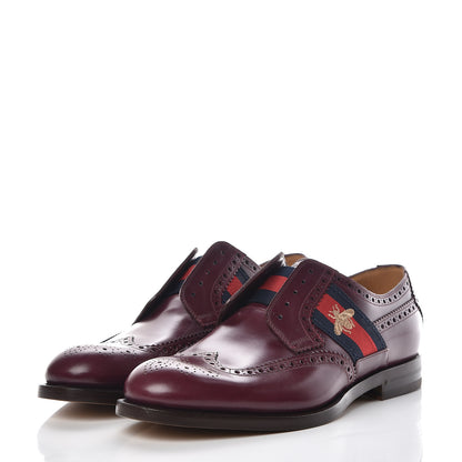 Gucci Calfskin Web Bee Embroidered Mens Slip-On Brogue Wingtip Derby Shoes 10 Bordeaux 3 of 12