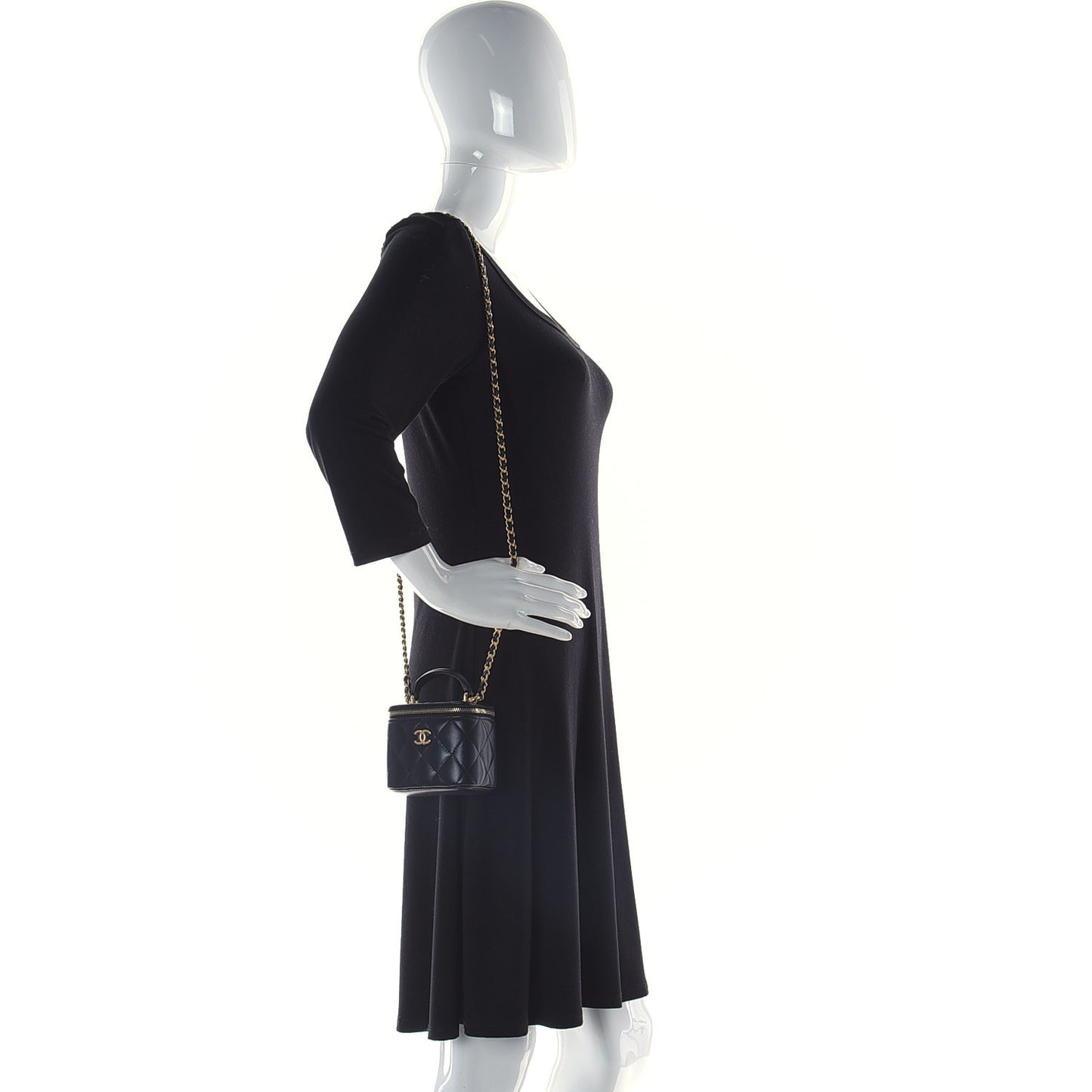Lambskin Quilted Metal Mini Top Handle Vanity Case With Chain Black
