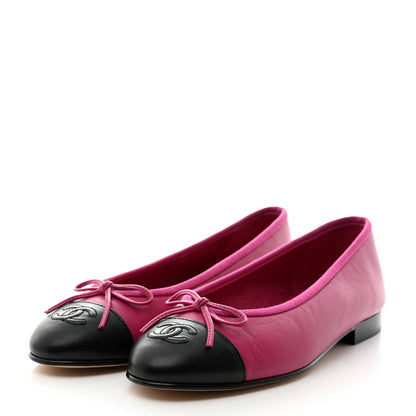 Chanel Lambskin Cap Toe CC Ballerina Flats 36.5 Fuchsia Black 3 of 9