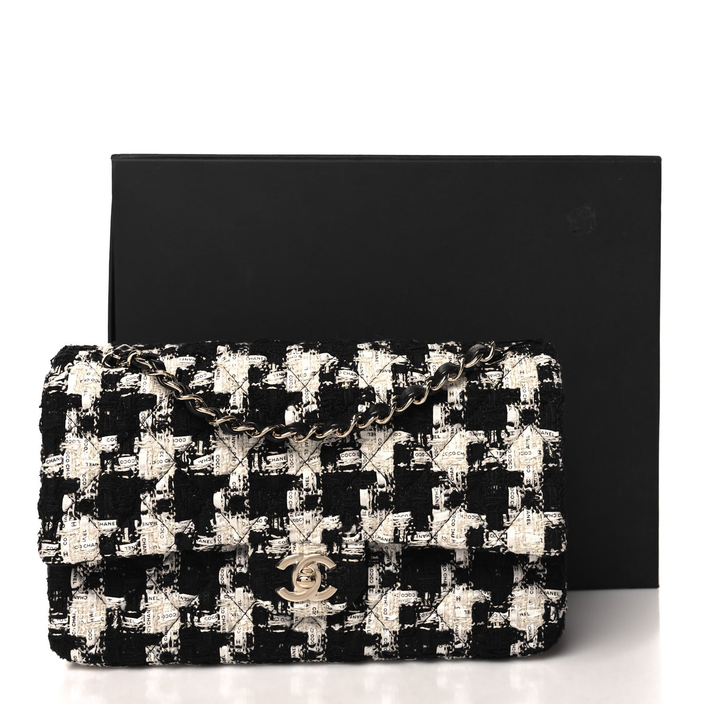Tweed Quilted Medium Double Flap Black Ecru White