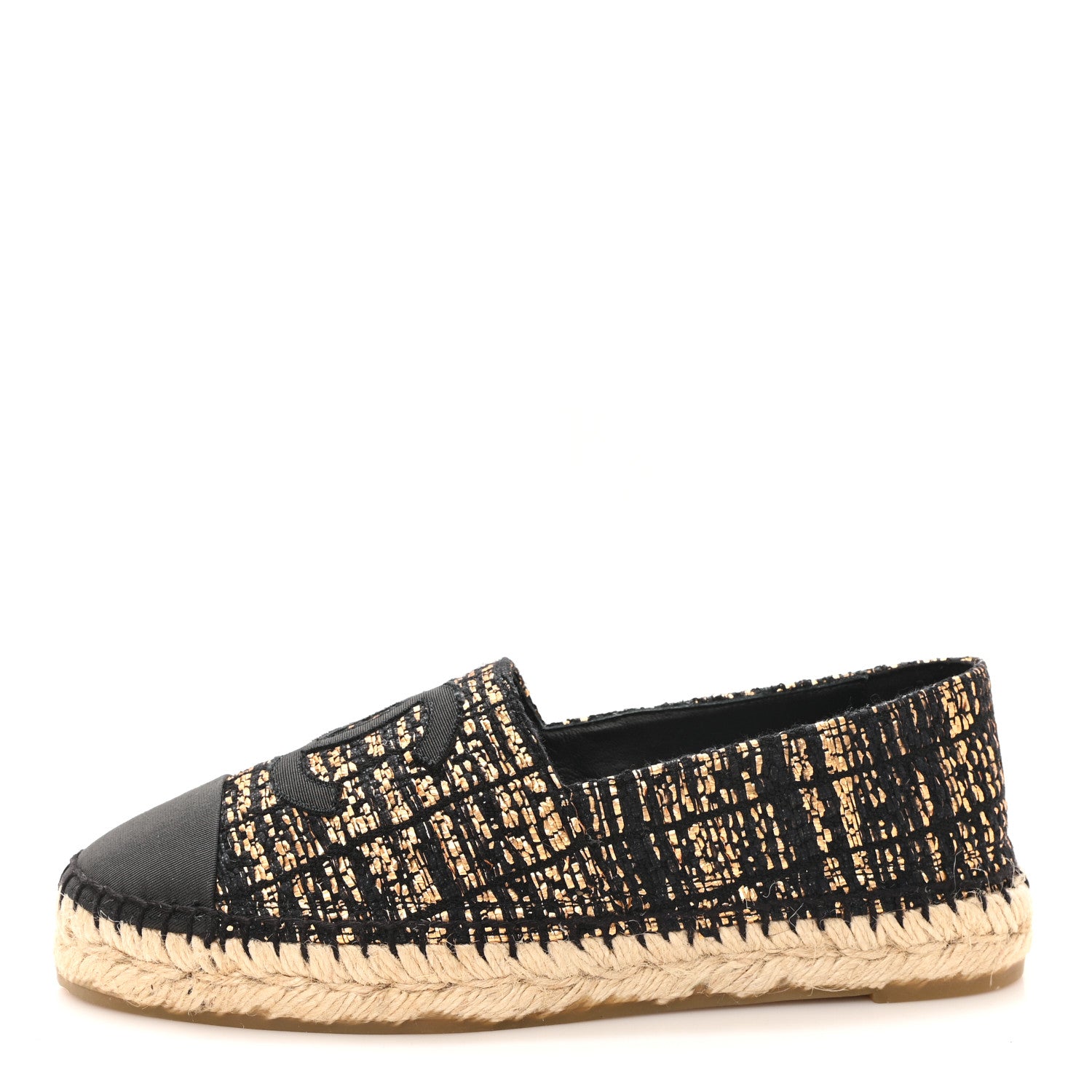 Chanel Metallic Tweed Grosgrain CC Espadrilles 38 Gold Black 1 of 11