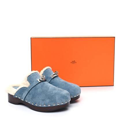 Hermes Suede Goatskin Woolskin Carlotta Mules 36 Bleu Pinede 8 of 8