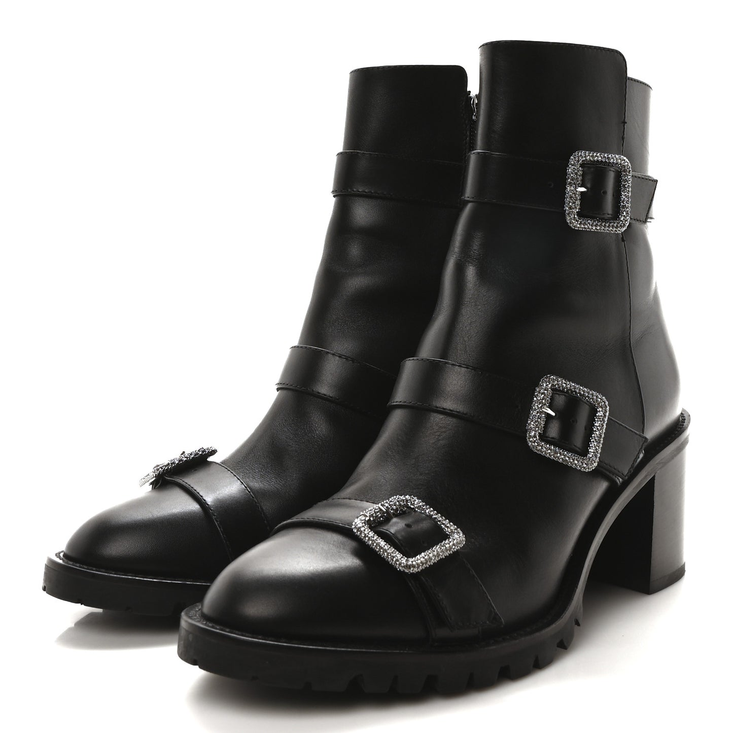 Calfskin Crystal Buckle Hank Boots 38 Black