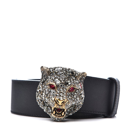 Gucci Calfskin Crystal Tiger Head Buckle Belt 85 34 Black 1 of 4