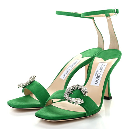 Jimmy Choo Suede Crystal Buckle Marsai 90 Sandals 38.5 Malachite 3 of 7