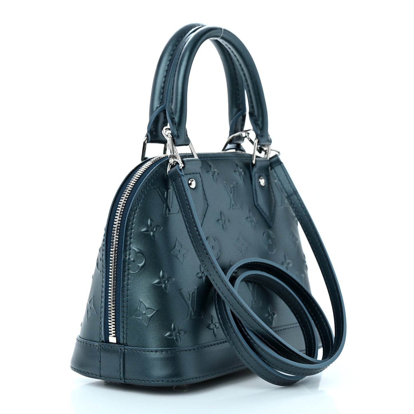 Metallic Calfskin Debossed Monogram Alma BB Steel Blue