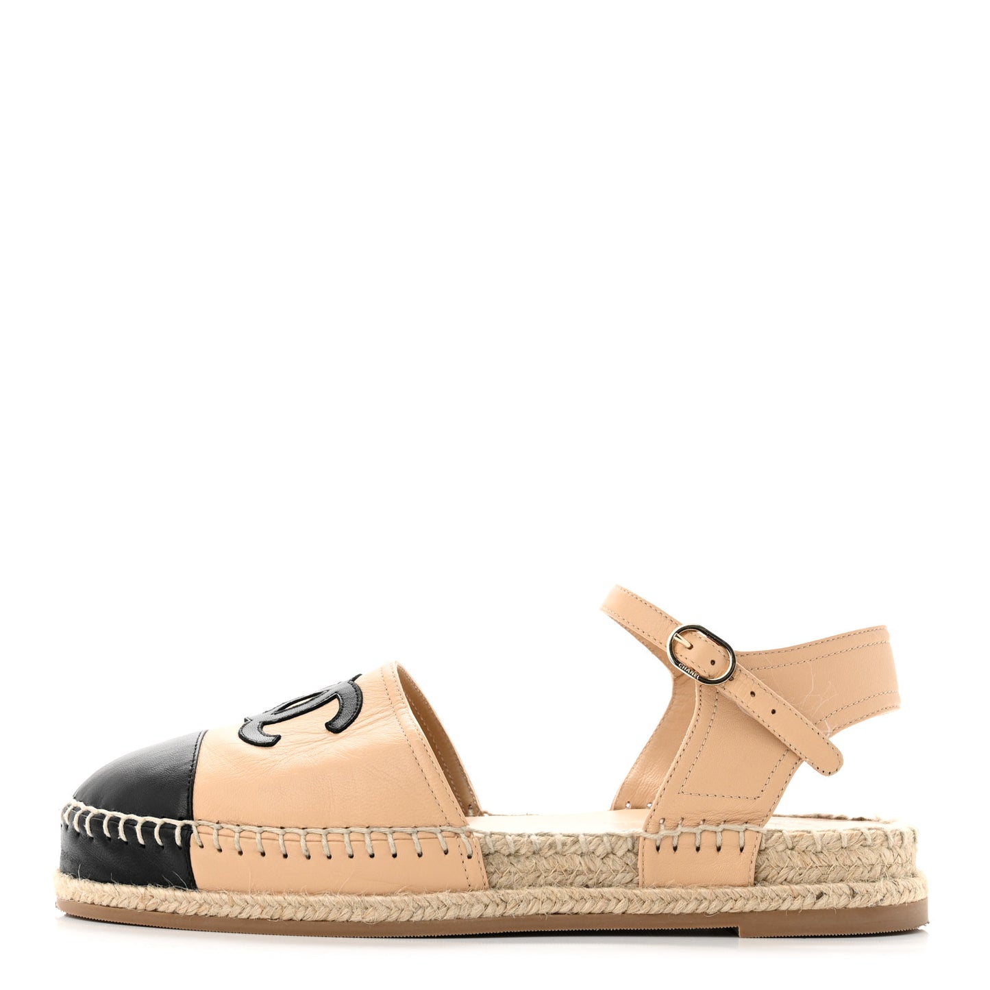 Lambskin Cap Toe CC Espadrille Sandals 38 Beige Black