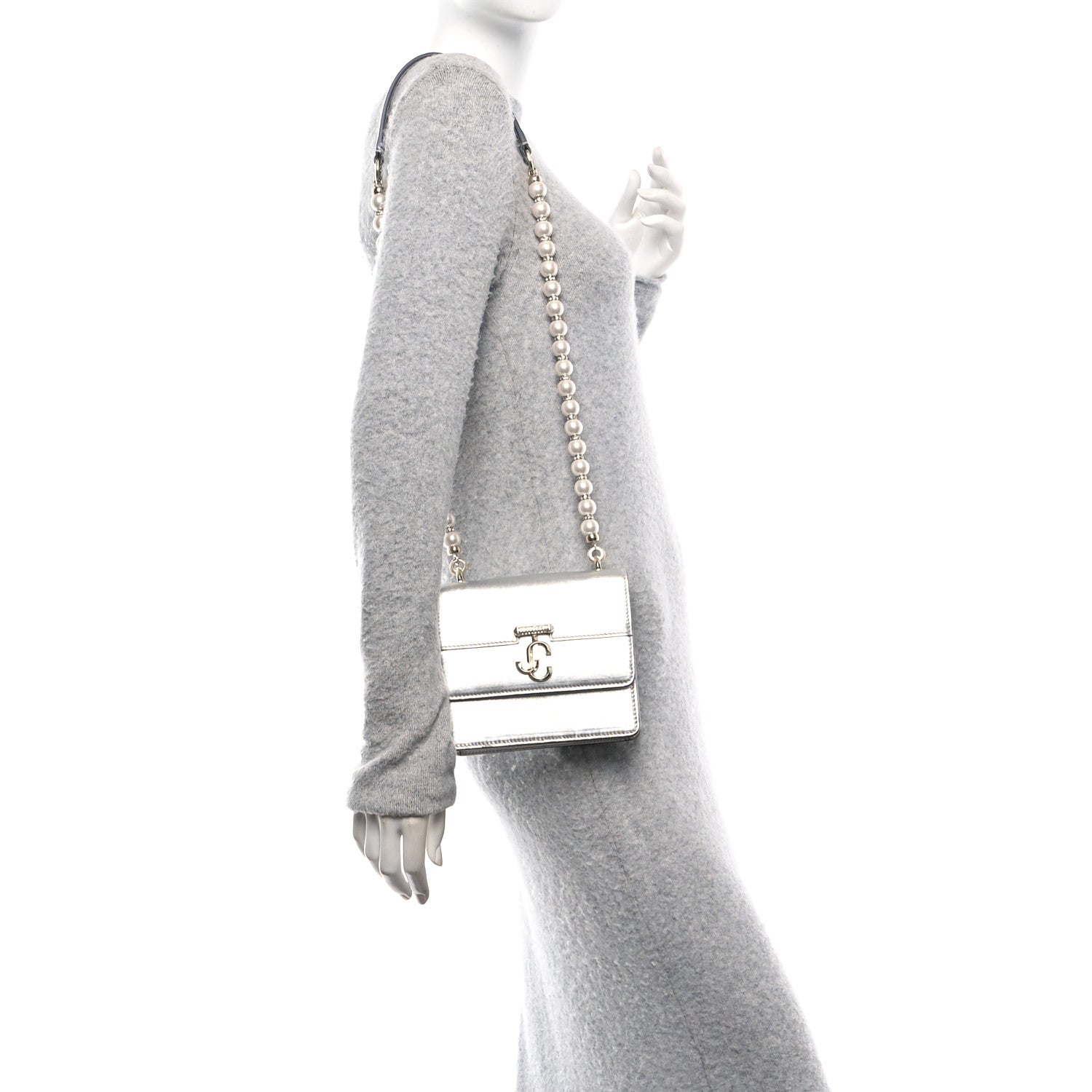 Jimmy Choo Metallic Calfskin Pearl Varenne Crystal Bar Avenue Chain Clutch Silver 2 of 9
