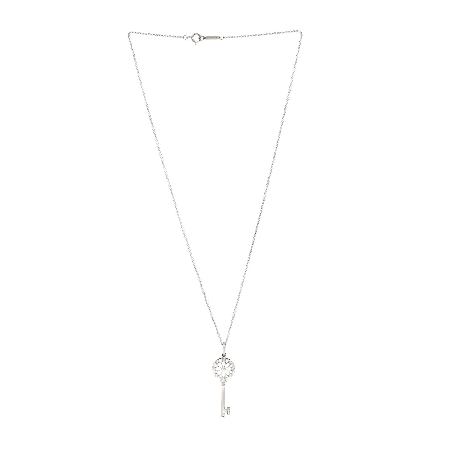 Tiffany 18K White Gold Diamond Floral Key Pendant Necklace 3 of 7