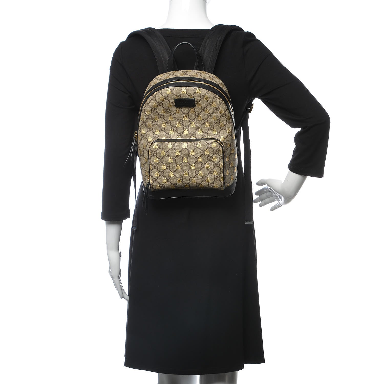 Gucci GG Supreme Monogram Bees Print Small Day Backpack Beige Oro Black 2 of 8