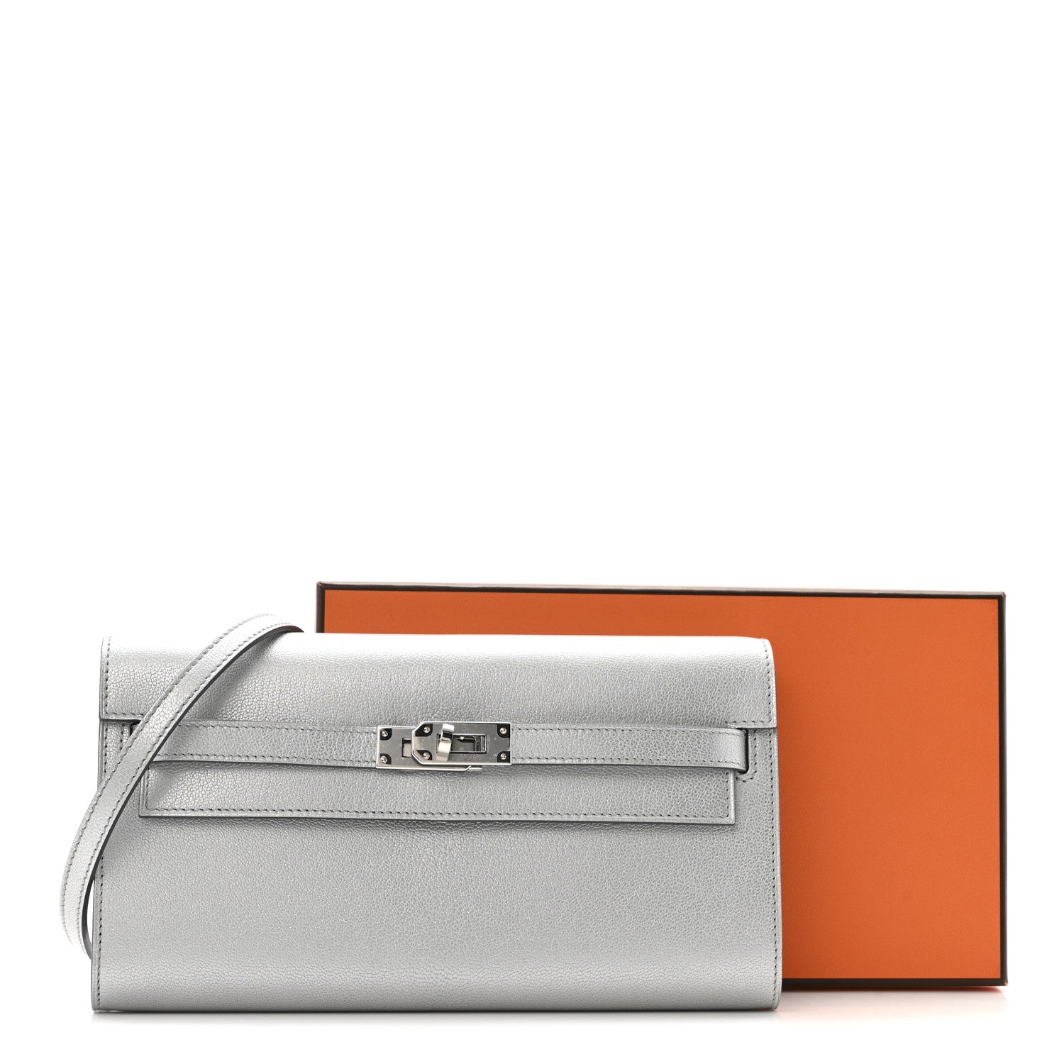 Hermes Metallic Chevre Chamkilight Kelly Wallet To Go Argent