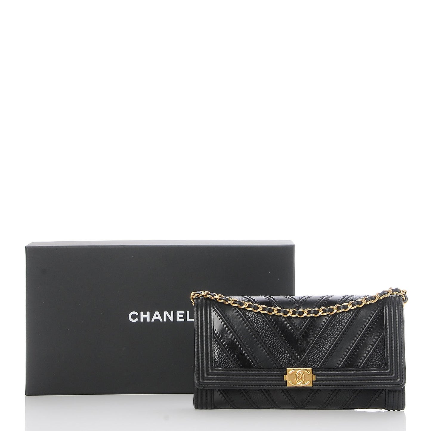 Calfskin Caviar Quilted Chevron Mixed Boy Wallet On Removable Chain Black