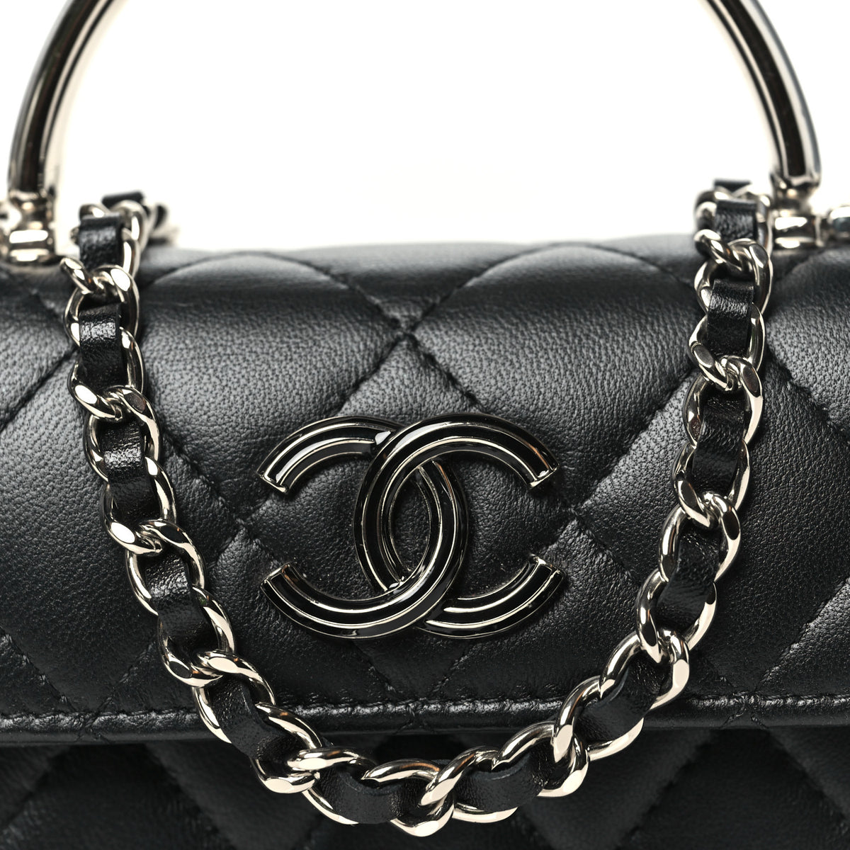Lambskin Quilted Mini Metal Top Handle Flap Clutch With Chain  Black