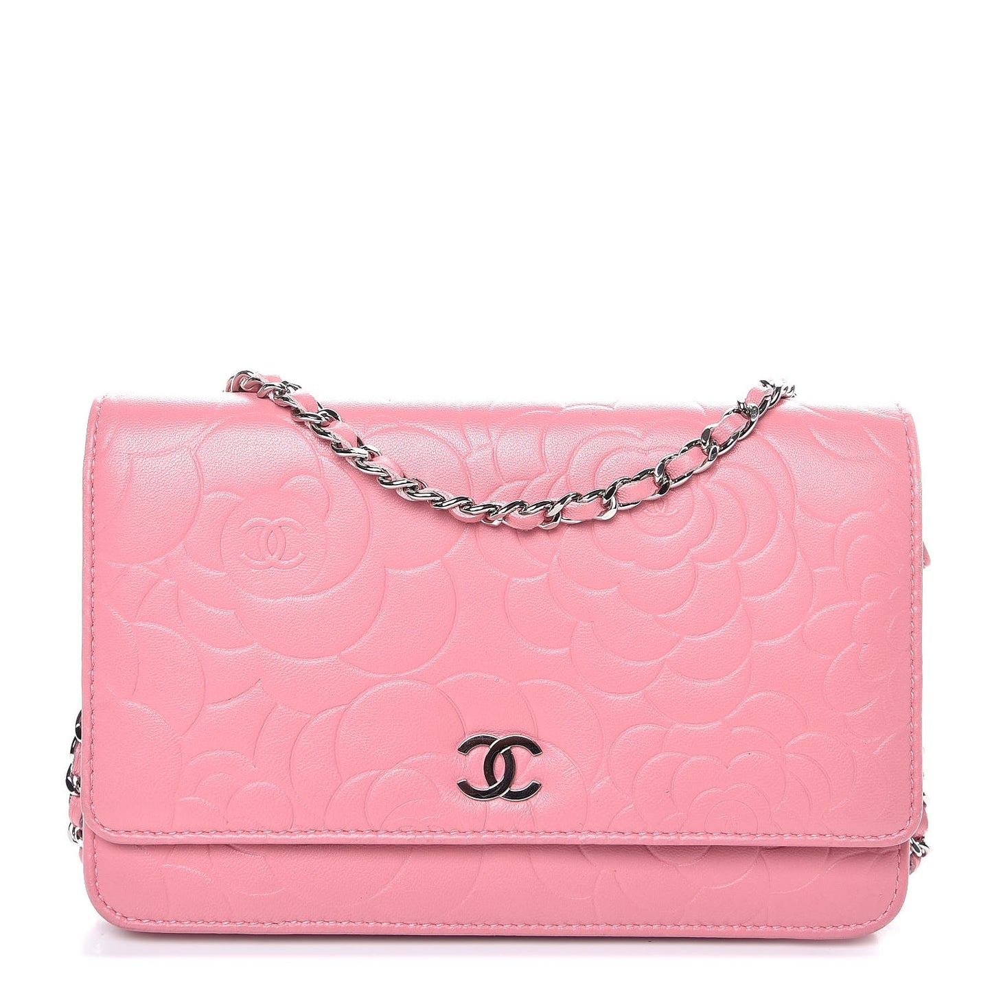 Lambskin Camellia Embossed Wallet On Chain WOC Pink
