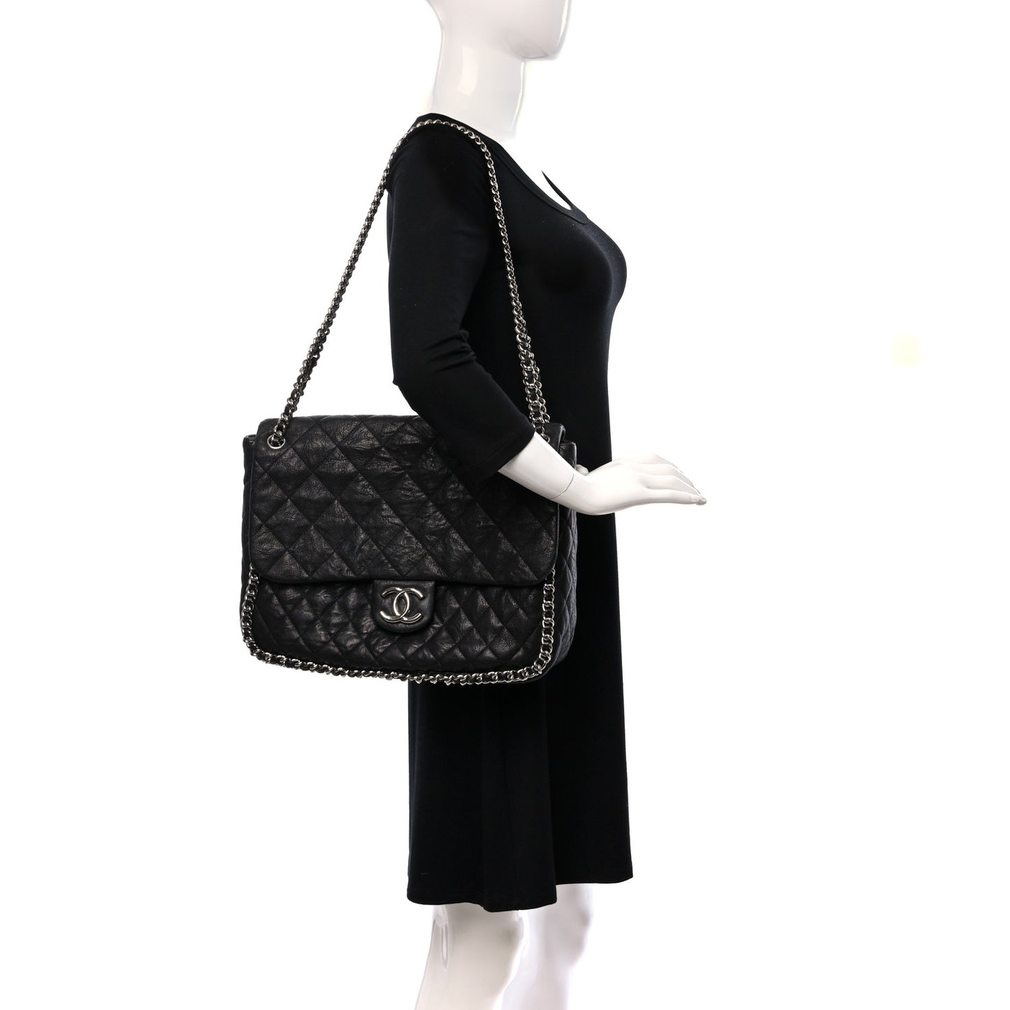 Washed Lambskin Quilted Maxi Chain Around Flap Black