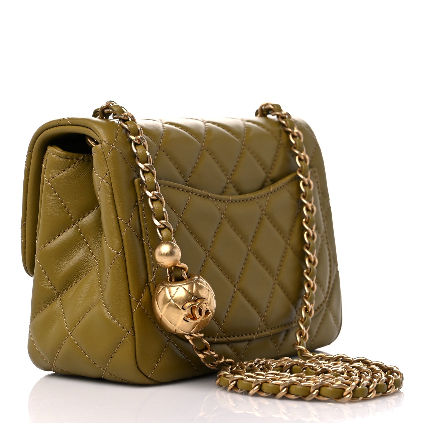Lambskin Quilted Mini Pearl Crush Flap Green