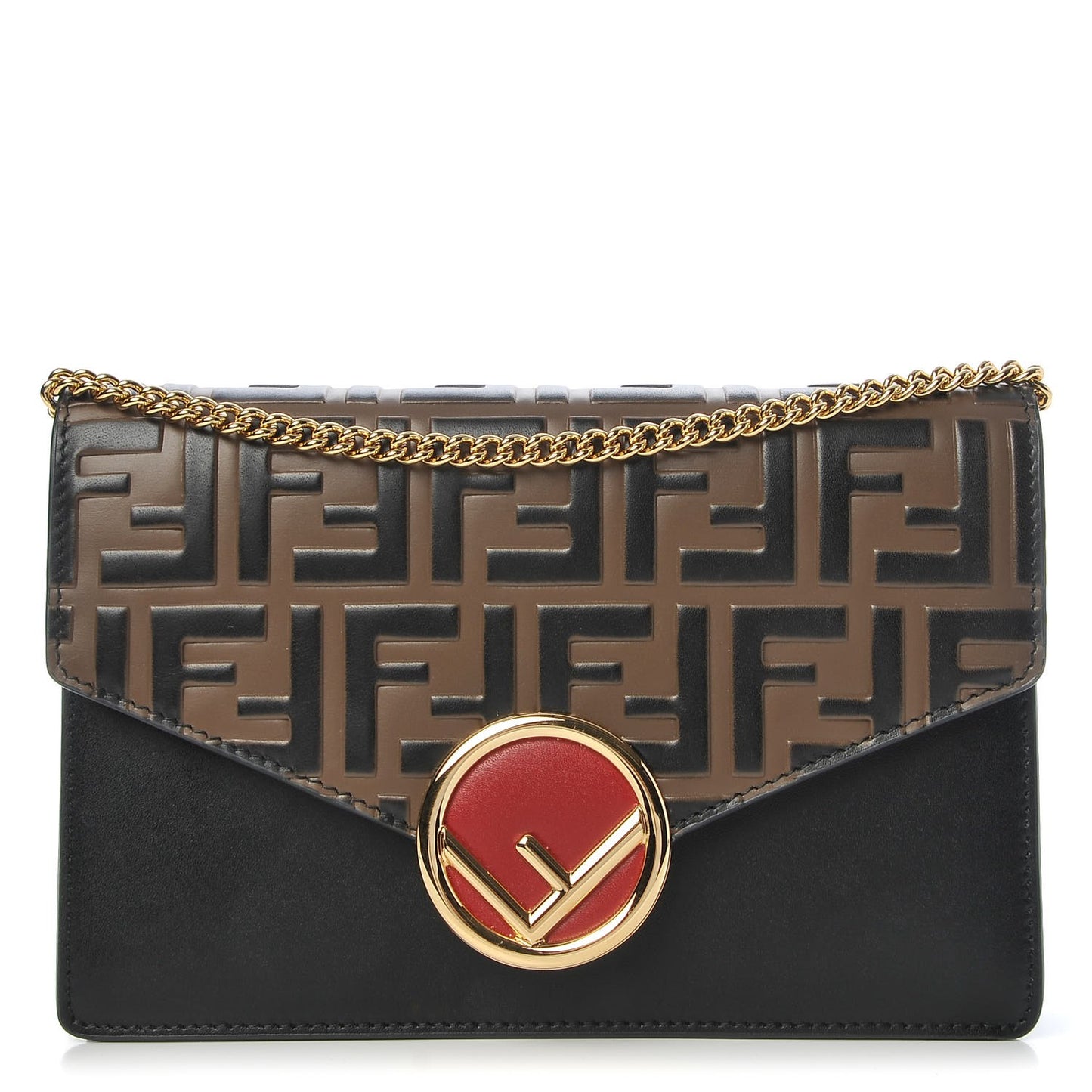 Vitello Liberty F is Fendi Bi-Color FF 1974 Embossed Medium Envelope Wallet On Chain Black Maya