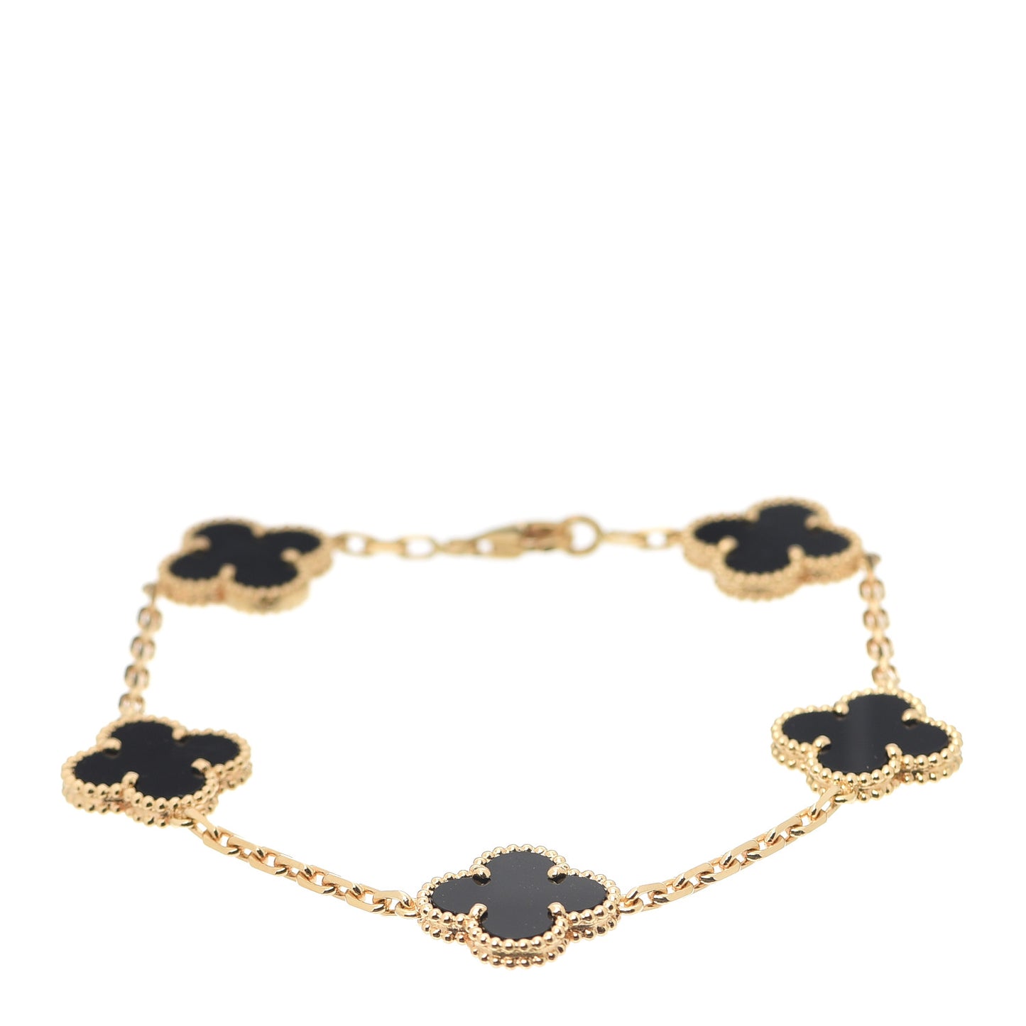 18K Yellow Gold Black Onyx 5 Motifs Vintage Alhambra Bracelet