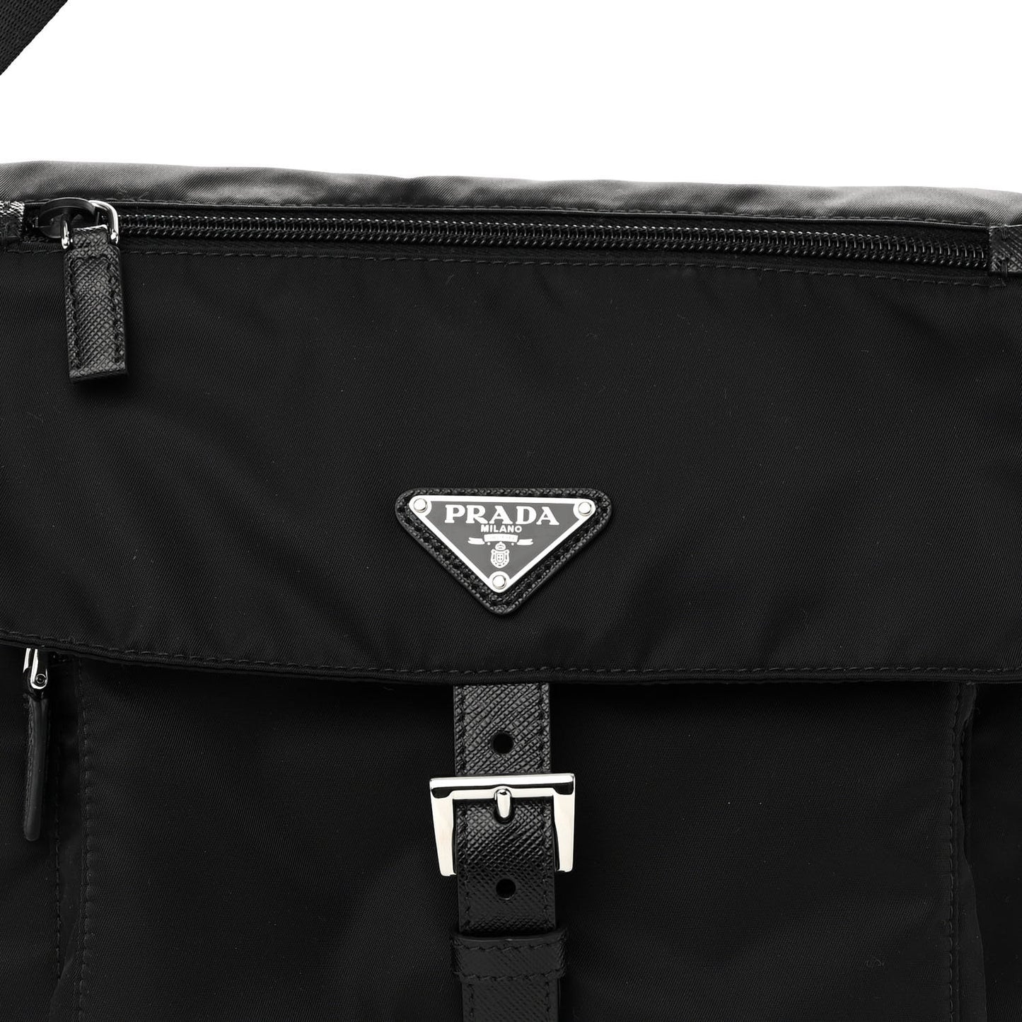 Re-Nylon Vela Saffiano Pocket Single Buckle Messenger Shoulder Bag Black