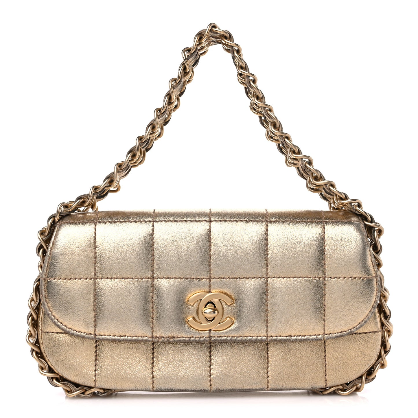 Metallic Lambskin Quilted Chocolate Bar 3 Chain Flap Gold