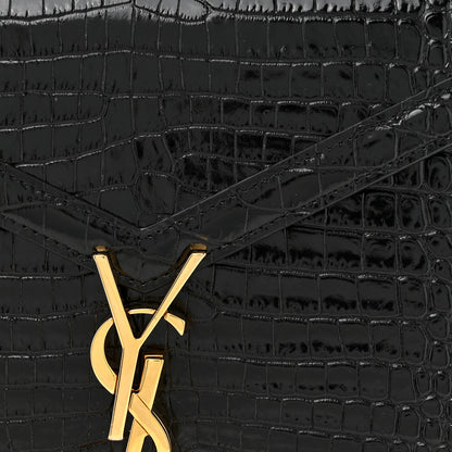 Saint Laurent Calfskin Crocodile Embossed Mini Classic Monogram Cassandra Top Handle Black 8 of 12
