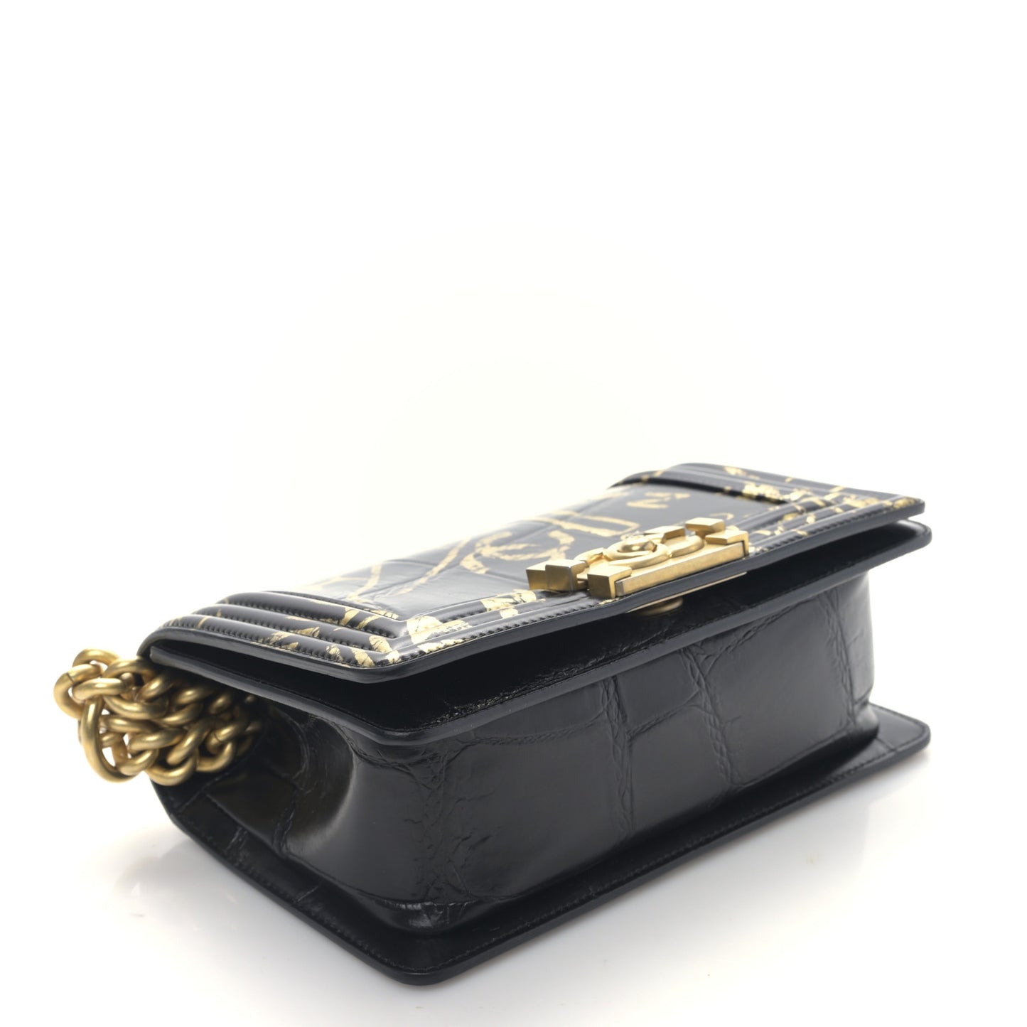 Calfskin Crocodile Embossed Graffiti Cocodile Small Boy Flap Black Gold